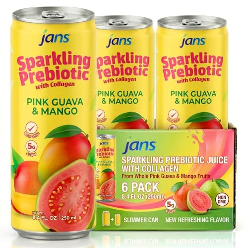 Image of Jans Sparkling Prebiotic with Collagen Soda Beverage - Pink Guava & Mango 8.4 Fl Oz (6-Pack) - Low Calorie, NO Added Sugar, Non-GMO Sparkling Fruit Beverage, Gut Health Support