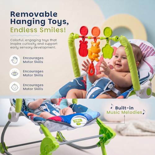 Image of Baybee 2 in 1 Baby Rocker & Bouncer, 3-Position Recline, Soothing Music, Removable Hanging Toys, Soft Cushioned Seat & Safety Harness, Rocking Chair for Newborn 0-3 Years (Green)