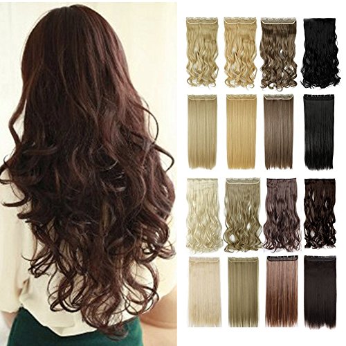 13colors Synthetic Fiber Clips in on Hair Extension One Piece 5 Clips 3/4 Full Head Long Straight Curly Wavy Medium Brown 17''
