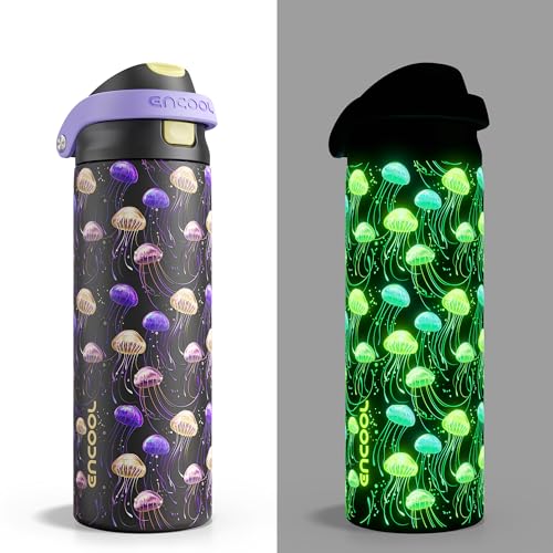 Image of ENCOOL Leakproof Insulated Water Bottle with Straw Dual-Sip Water Bottle Bag-Safe Design for Work, Commute & Gym - Keeps Drinks Cold All Day, 24 oz, Neon Jellyfish