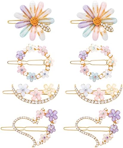 PAGOW 8PCS Rhinestone Hair Clips for Women Girls, Decorative Bobby Pins, Glitter Crystal Flower Hairpin, Handmade Metal Barrettes Hair Jewelry Wedding Accessories Set (Gold)