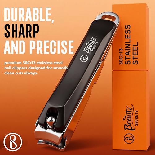 Image of Beaute Secrets Premium Nail Cutter for Men & Women | Stainless Steel Nail Clipper with Magnetic Case | Anti Splash Design | Sharp for Thick Nails, Black