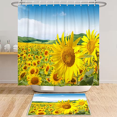 Bovlleetd Sunflower Shower Curtain Polyester Yellow Flower Garden Bath Curtain 71x71inch Beautiful Spring Natural Landscape Bathroom Decorative Curtain Waterproof Bathtub Curtain with Hooks - Image 2