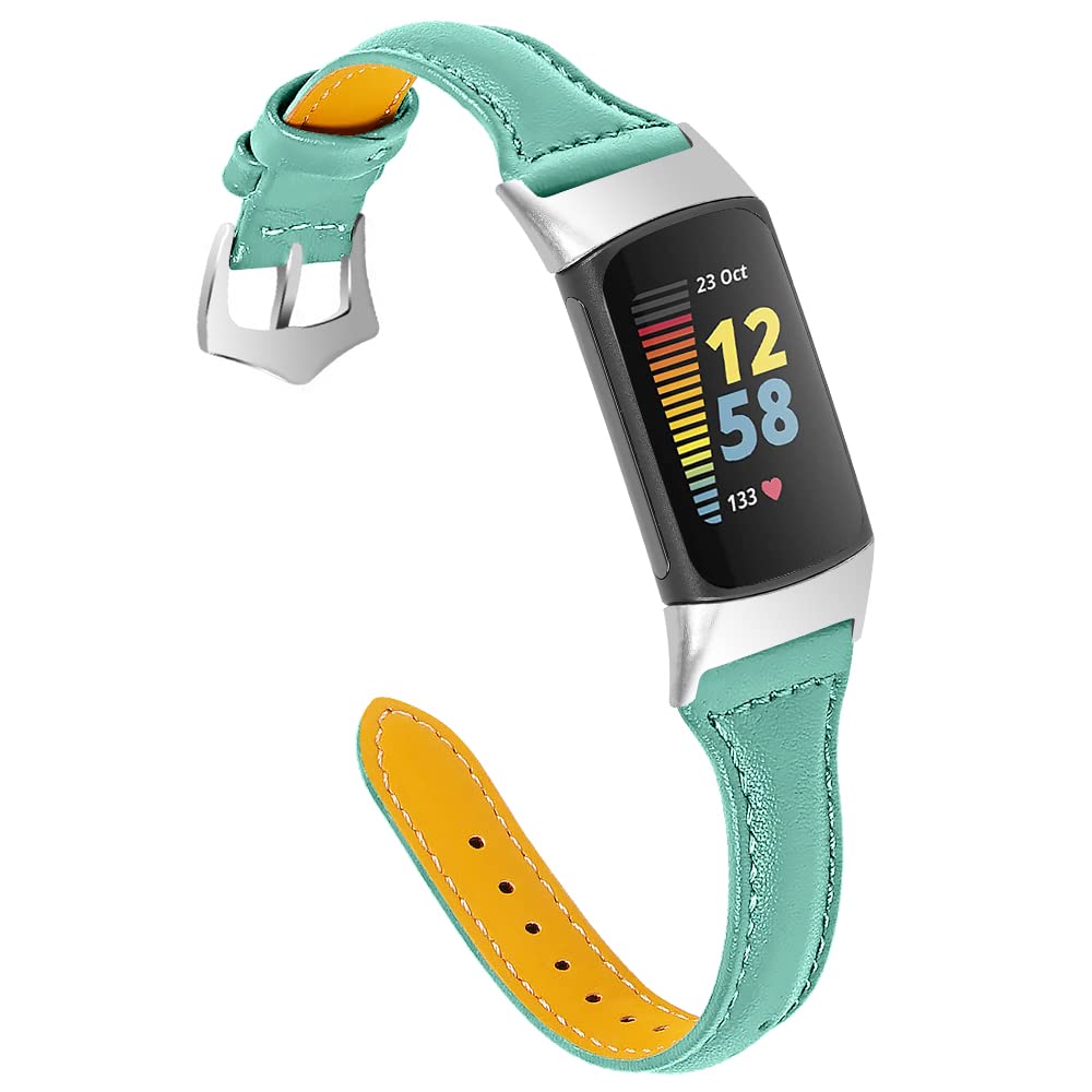 AISPORTS Leather Strap Compatible with Fitbit Charge 6/Charge 5 Strap for Women Men, Soft Slim Breathable Leather Sport Wristband Metal Buckle Bracelet Replacement Strap for Fitbit Charge 6/Charge 5
