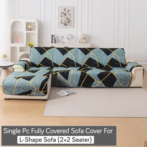 Image of HOKIPO 'Elira Series' Printed Quilted One-Piece L Shape 4 Seater (2+2) Sofa Cover Mat with Left Chaise | Anti-Slip Backing & SecureFit Belt, Multicolor Abstract Geometry (AR-5373-C10)