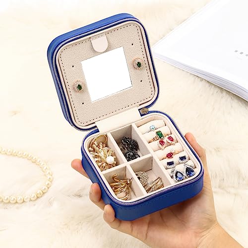 Image of TRODANCE Jewelry Travel Case with Mirror,Small Travel Jewelry Organizer, Portable Jewelry Box Travel Mini Organizer Portable Display Storage Box For Rings Earrings Necklaces (NavyBlue)