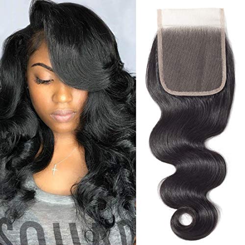 Lace Closure Human Hair YYONG 100% Brazilian Body Wave Free Part 4X4 Closure Unprocessed Human Virgin Hair Body Weave Swiss Lace Closure Natural Color 14 Inch