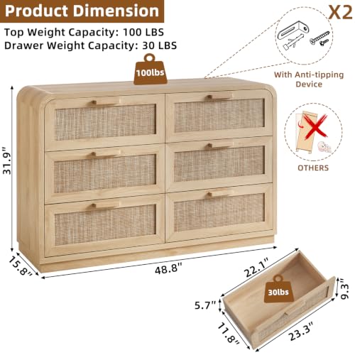 Image of LEYAOYAO Rattan 6 Drawer Dresser for Bedroom, Natural Wood | Boho 49 inch Wide Curved Dressers & Chests of Drawers with Solid Wood Handle & 5 inch Deep Drawers & Anti-Tip Safety
