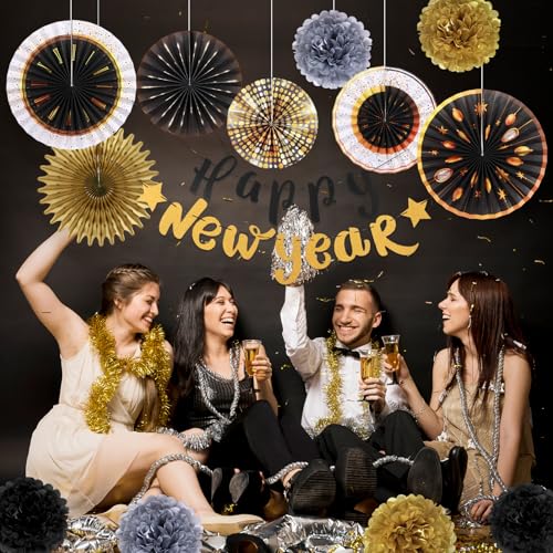 Image of SUNBEAUTY New Years Eve Party Supplies 2026, Happy New Year Decorations Black Gold Hanging Paper Fans Tissue Pom Poms Happy New Year Banner for 2026 New Year Party Favor Supplies Decorations