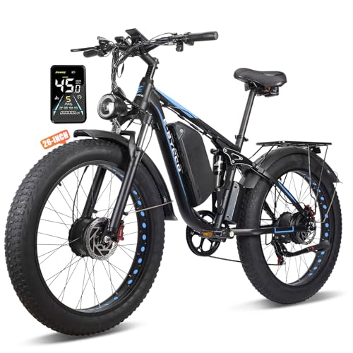 (26' EB7Pro Blue) Peak 5000W 52V Dual Motor Electric Bike for Adults, 52V 32Ah Battery E-Bicycle, 40-45MPH & 90Miles, Hydraulic Disc Brake, 26'' Fat Tire Hunting Fast E-Bike, Full Suspension