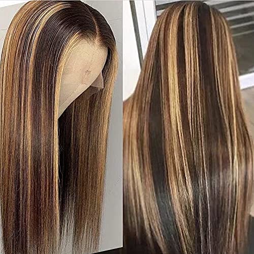 Fabwigs Highlight Ombre #4/27 Lace Front Wig 13x4 Silky Straight Transparent Lace 150% Density Brazilian Human Hair Wig(16inch, Silky Straight )