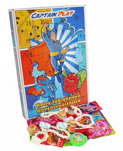 CAPTAIN PLAY Retro Süßigkeiten Adventskalender 2025, Weihnachtskalender mit Süßigkeiten, 348g Retro Adventskalender Süßigkeiten