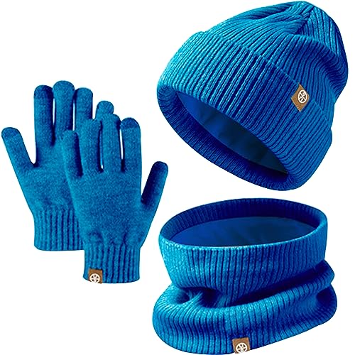 Enwokran 3 Stück Kinder Wintermützen Handschuhe Schal Set Beanie Mütze Warme Gestrickte Touchscreen-Handschuhe Loop WinterSchlauchschal für Jungen Mädchen 5-12 Jahre Outdoor Aktivitäten (Blau)