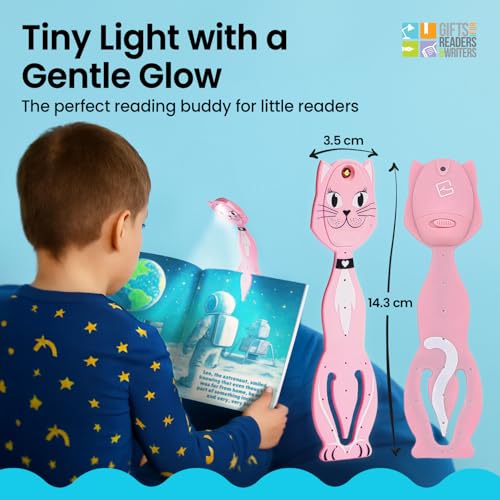 Image of Gifts for Readers & Writers Book Light for Kids, Clip On Reading Light for Bed, 2in1 Flexilight Pals & Bookmark, Small & Lightweight with a Soft Glow, 2 Batteries Included, Cat