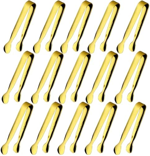 15PCS Mini Tongs for Serving, Ice Tong Stainless Steel Gold Tongs, 4.25Inch Small Sugar Tong, Kitchen Tong Mini Serving Utensils for Appetizers, Charcuterie, Gold Utensil for Dessert Table, Tea Party