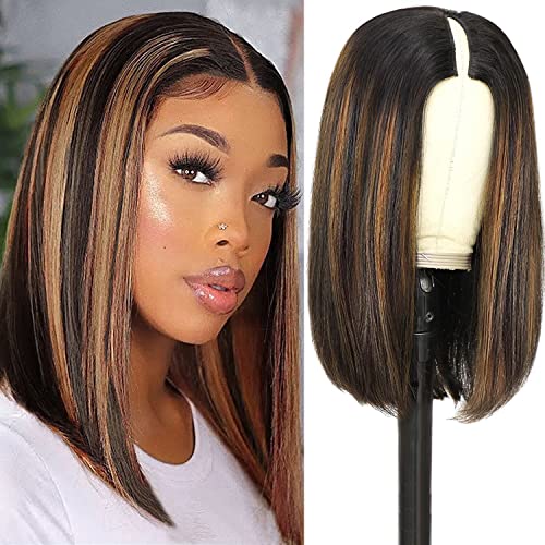 Haha Brown Highlight V Part Bob Wig Human Hair Ombre U Part Bob Wig Upgrade Thin V Part Wig No Leave Out Straight Short Bob Wig For Women Black Honey Blonde 14 Inch 150% Density No Glue No Lace