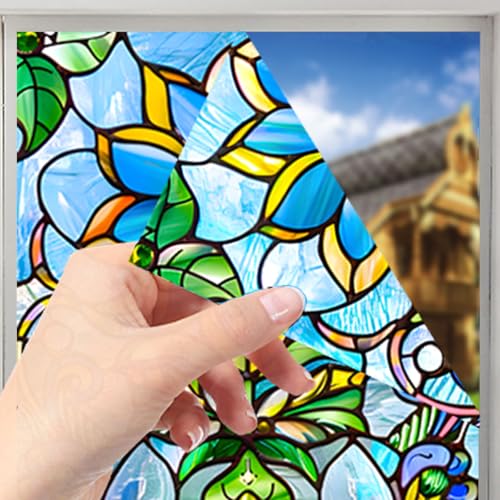 Image of Nuxovilar Sparkle Colorful Floral Flower Window Film 17.7x39.4 PVC | Colorful Flower, Floral Cling bright blossom sticker, elegant glass wrap for bedroom living room home (Floral)