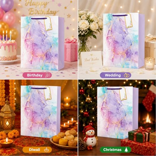 Image of Gift Bags Medium Size | Paper Bags for Gifting | Return Gift Bags with Rope Handles | Birthday, Wedding, Baby Shower & Christmas | Pack of 10 | 9 x 12 x 3.5 Inch