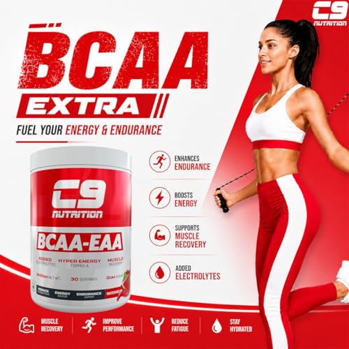 Image of C9 Nutrition BCAA + EAA Powder | 5000mg BCAA + 9000mg EAA | Essential Amino Acid Supplement for Muscle Recovery, Hydration & Endurance | Sugar Free | Fruit Punch Flavour | 30 Servings