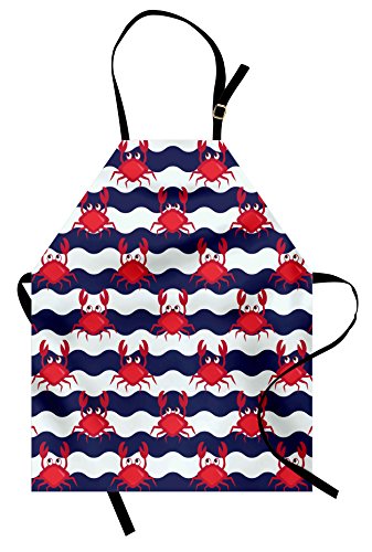 Ambesonne Crabs Apron, Nautical Maritime Theme Crabs on Striped Background Illustration Print, Unisex Kitchen Bib with Adjustable Neck for Cooking Gardening, Adult Size, Red Blue