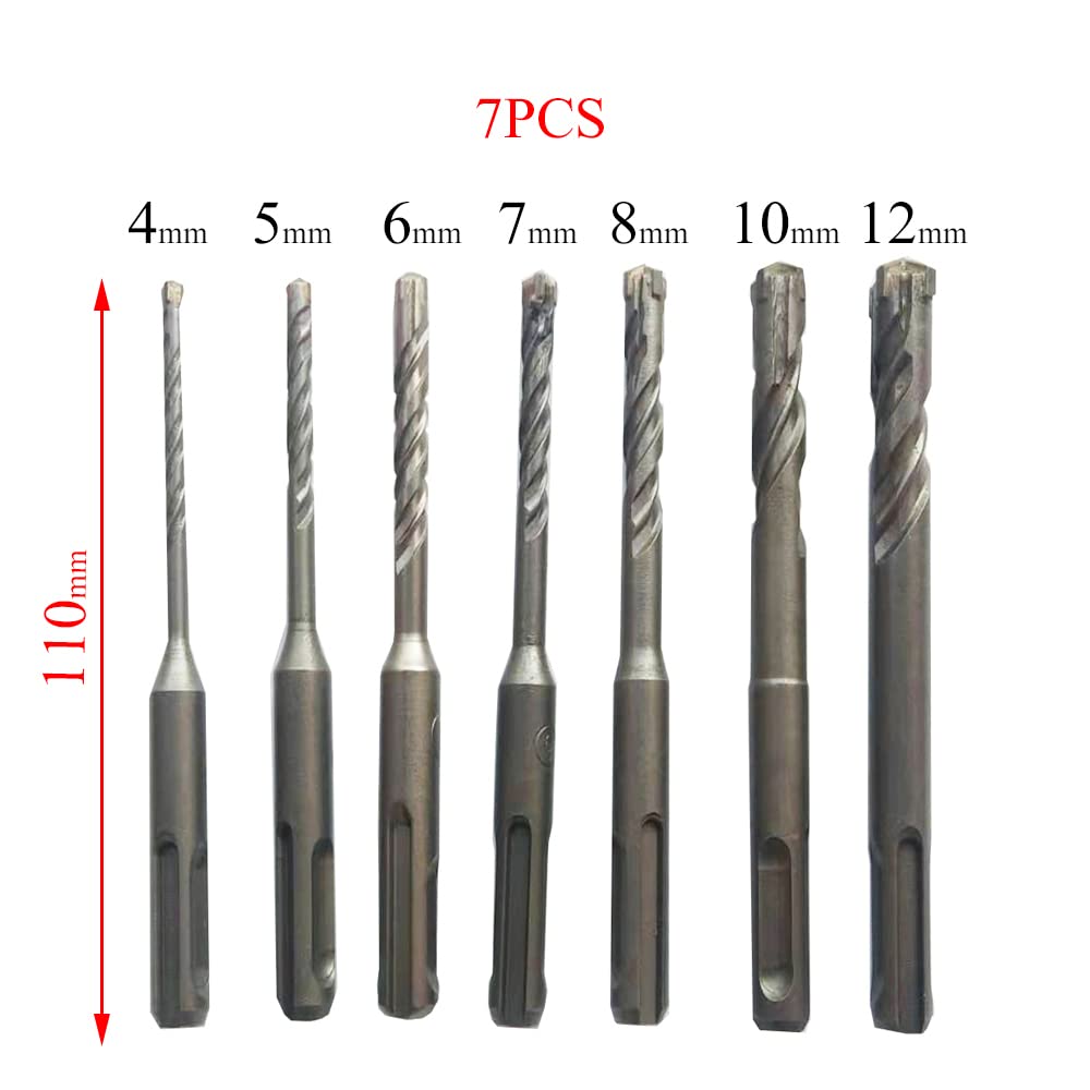 Wiertła SDS, 7-częściowy zestaw wierteł udarowych SDS Plus 110 mm Wiertła do muru 4/5/6/7/8/10/12 mm Wiertła z węglików spiekanych do kamienia, betonu, cegły