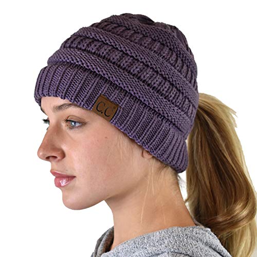 C.c Beanietail Soft Stretch Cable Knit Messy High Bun Ponytail Beanie Hat, Criss Cross Violet #TOP3
