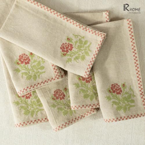 Image of R home Country Rose Premium Chambray Cotton Napkins Set of 6, 18x18 Inch, Cross Stitch Embroidered, Machine Washable & Reusable, Soft Fabric Napkins for Dining Table, Cocktails & Table Decor