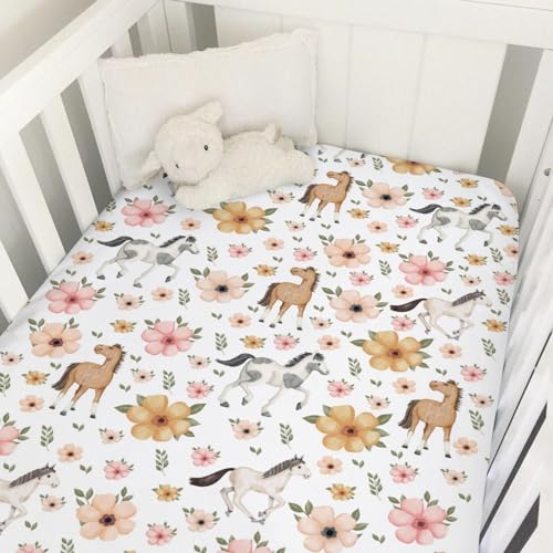 Image of Watercolor Horse Floral Baby Crib Sheets 52''x28'' Cute Horses Boho Retro Flowers White Fitted Crib Mattress Cover for Boy Girl Soft Nursery Baby Bed Sheets for Standard Size Crib and Toddler Mattress