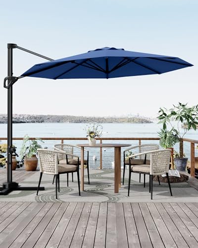 10FT Patio Umbrella Outdoor Large Cantilever w/Base Included Market Sun Shade Windproof Offset with 360-Degree Rotation for Garden Deck Pool Patio, Navy Blue