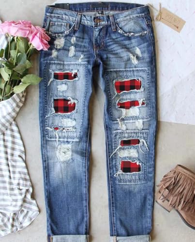 Plus Size Boyfriend Jeans for Women Trendy Cowboy Patch Work Distressed Jeans Casual Baggy Ripped Bling Blue Pants2