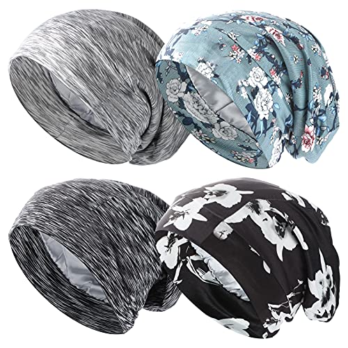 4 Pieces Satin Sleep Cap Satin Lined Sleeping Cap Adjustable Hair Cover Bonnets Slouchy Beanie Hat Silky Bonnet Night Cap Night Sleeping Hats Frizzy Hair Beanie Headwear Cap for Hair Care, 4 Colors