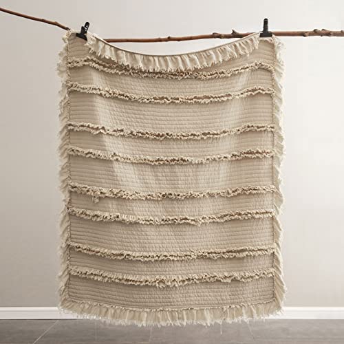 Manta Decorativa Ultra Suave Prelavada Acolchada Boho, Flecos con Volantes, Estilo Rústico Lavado en Piedra para Sofá Cama Silla, 50"x 60" miniatura 6