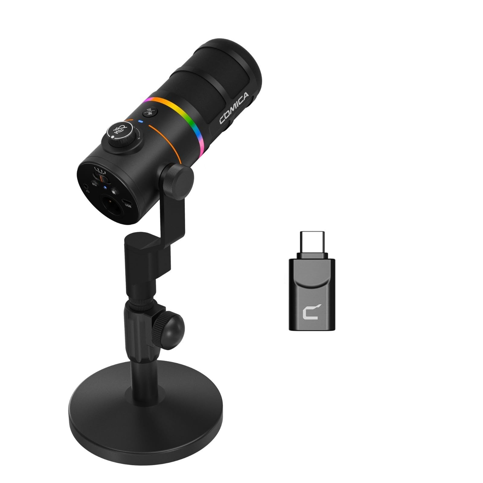 COMICA D10 Pro D XLR Micrófono Dinámico USB con Receptor, Soporte de Escritorio para Juegos, TikTok y Grabación de Podcasts. Compatible con luz RGB y Botón de Silencio para PC, Smartphone, Ordenador