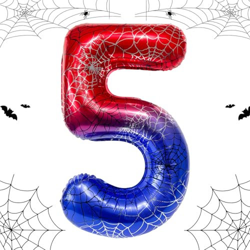Globo gigante de araña de 40 pulgadas y decoración para 5º cumpleaños, globo número 5 con telaraña, globos de papel de aluminio para niños y niñas, decoración de fiesta de cumpleaños