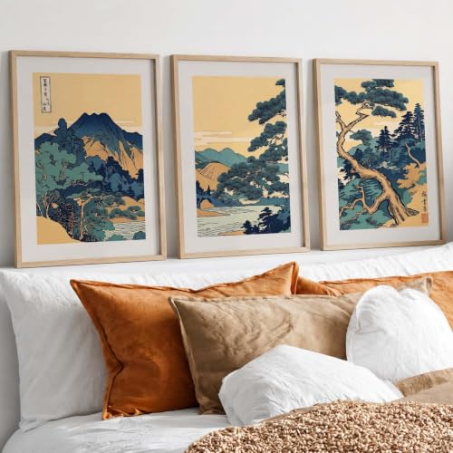 Image of kotart Japanese Nature Art View Framed Poster | Big Aesthetic Nature Art Wall Framed Posters for Living Room Bedroom Wall Decor Set Of 3 (13X17 inch)