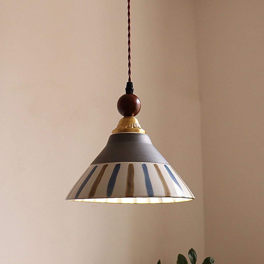 COSRUB Retro Cone Ceramic Pendant Lamp, Blue and White Porcelain Hanging Lighting Chinese Scalloped Small Chandelier Light for Bedside Entryway Reading Nook(Stripes)