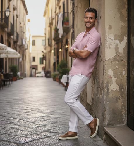 Image of Glowic Men Linen Shirt Casual Regular Fit Solid Stylish Summer Wear Shirt for Office Party Beach Holiday Lightweight Breathable Fashion Shirt