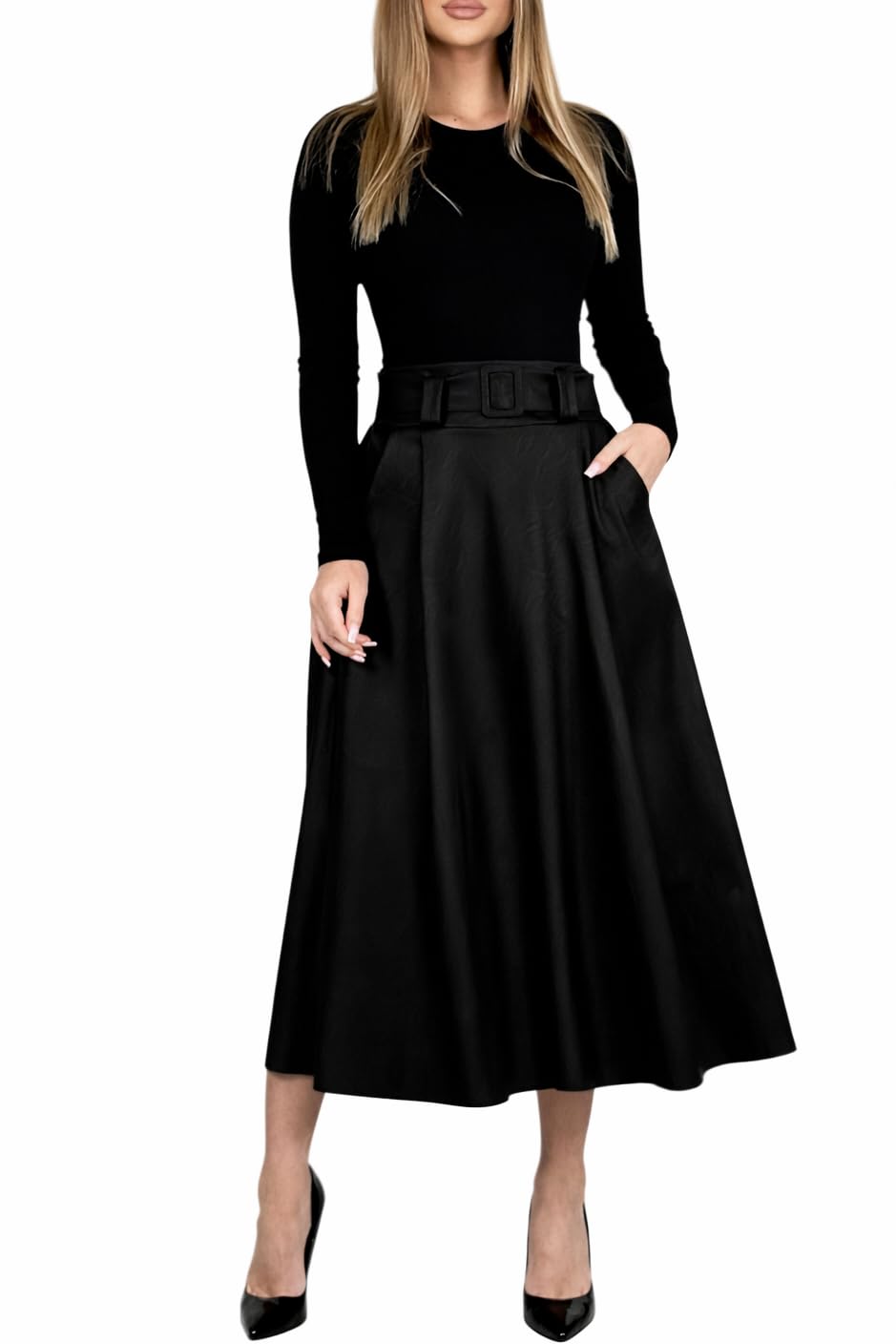 Mississhop Damen A-Linien Rock mit Gürtel – Kunstleder