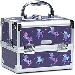Maletín Maquillaje Estuche Maquillaje Caja Maquillaje Beauty Case de Viaje Cosméticos Organizador de Joyero y Manicura Vacío Profesional con Espejo 19.5x15x16cm Regalos para Niñas, Unicornio Morado