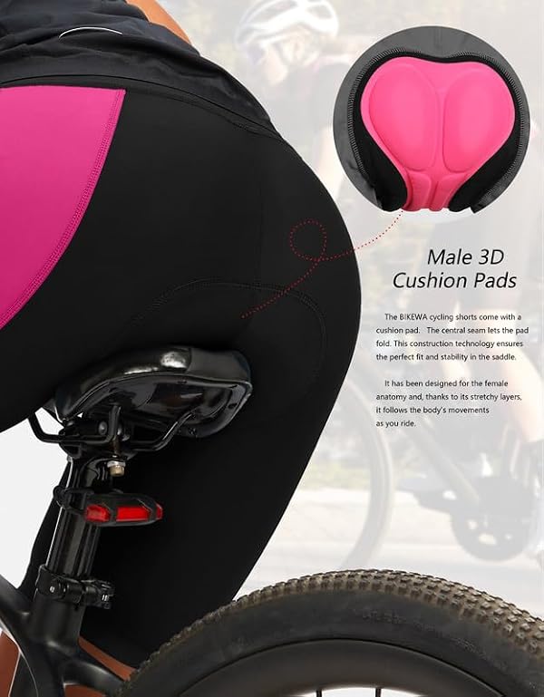 Women's 4D Padded Bike Shorts Cycling Padding Riding Bicycle Road Mountain Biking Cycle Spin Shorts for Women with Zipper Pockets(Black/Rosy,L) by Bikewa - Image 4