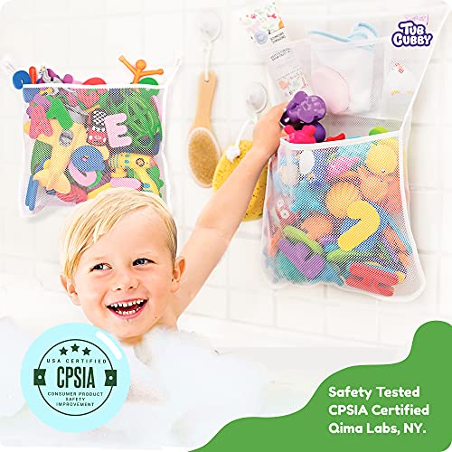 Original Tub Cubby Bath Toy Storage (2 -Pack) for Baby Bath Toys, Hanging bath toy holder with Suction & Adhesive Hooks, 14x20" Mesh Net Shower Caddy for Bathtub Toys, 36 Soft Foam Letters & Numbers