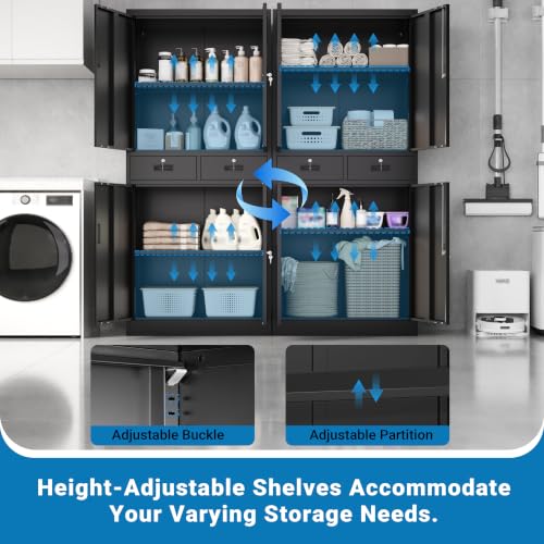 Image of Metal Storage Cabinet with Lock Door, Adjustable Shelves, 2 Drawers
