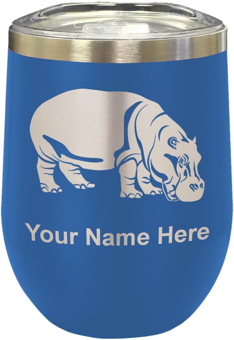 LaserGram 16oz Double Wall Stainless Steel Wine Glass Tumbler, Hippopotamus, Personalized Engraving Included (Black)