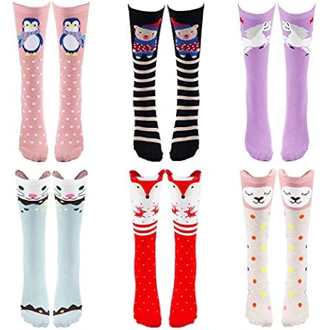 BSSN 6 Pairs Girls Knee High Long Socks,Winter Socks for Cute Girls Gift Animal Pattern Cat Fox Bear Cotton Stocking for 3-12 Years Old Cover