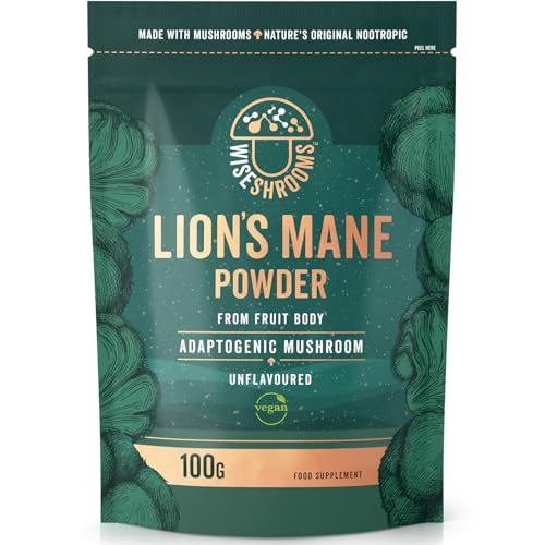 Lions Mane Powder Supplement 3000mg | Mix into Coffee Tea or Smoothies | 100% Natural & Vegan | High Strength Mushroom Supplement | 100g | 33 Servings | Wiseshrooms