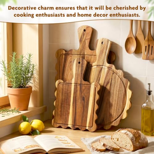 3 Pcs Wood Scalloped Cutting Board with Handle, Acacia Charcuterie Board Set Decorative Cutting Boards for Kitchen Counter Decor, Large Scalloped Edge Cheese Serving Tray for Party & Housewarming Gift - Image 3