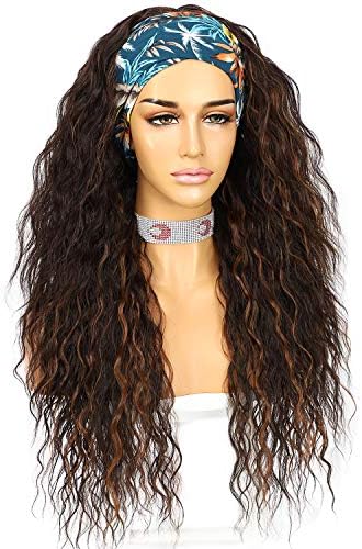 Sapphirewigs Curly Headband Wig Long Black Synthetic Wig Loose Water Wave Headband Wigs for Women Glueless 150% Density 26inch