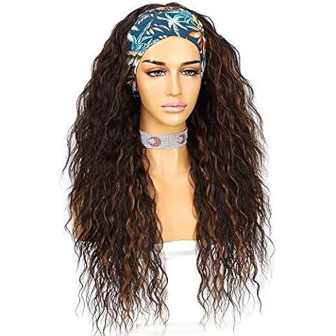 Sapphirewigs Curly Headband Wig Long Brown Synthetic Wig Loose Water Wave Headband Wigs for Women Glueless 150% Density 26inch Cover
