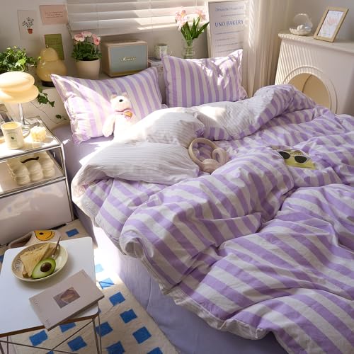 Image of EAVD Retro Purple Striped Duvet Cover Full Soft Washed Microfiber Boho Purple and White Striped Bedding Set with 2 Pillowcases Farmhouse Reversible Geometric Duvet Cover with Zipper Closure