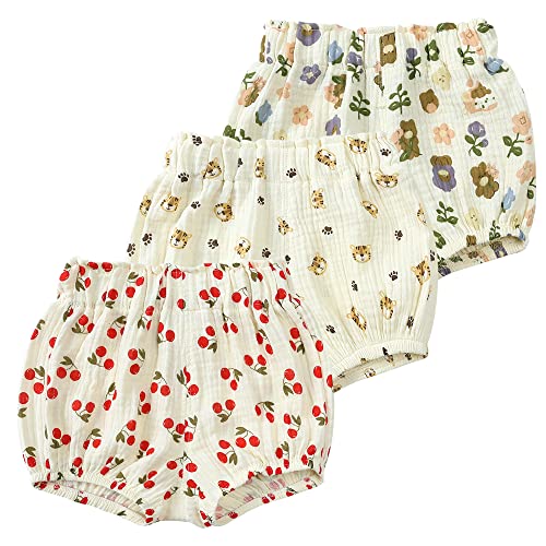 MYGBCPJS Baby Boys Girls 3 Pack Cotton Linen Bloomers Kids Loose Floral Graphic Printed Bubble Shorts Elastic Waist Bottoms